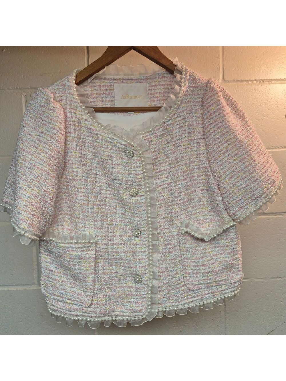 AsRumors Women's Pink Tweed Pearl Button Short Sleeve Jacket Medium